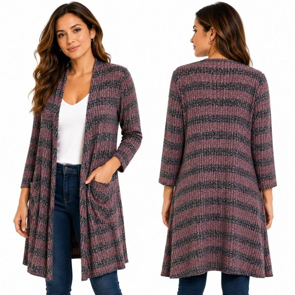 LuLaRoe Sarah Cardigan Small Pink Gray Stripe Duster